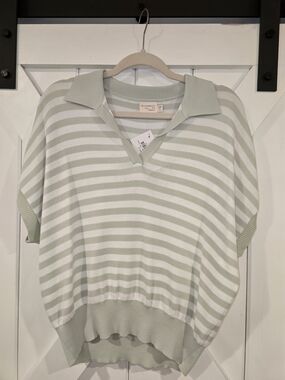 Crewelane Striped Sage and White Short-Sleeve Polo Top